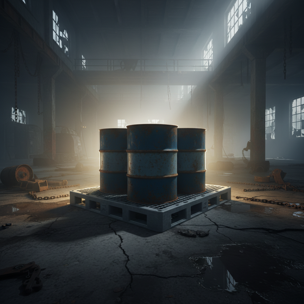 55-gallon drums on a containment pallet with dramatic lighting and fog.