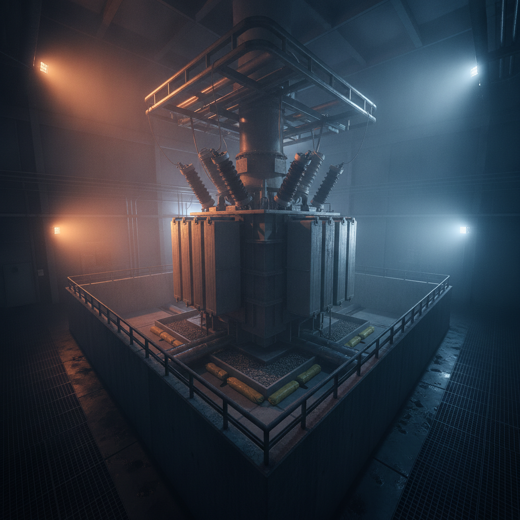 Transformer with containment system under dramatic lighting and fog.