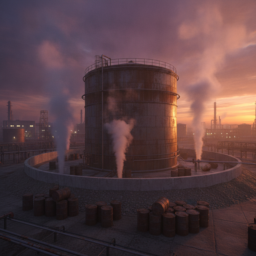 Oil storage tank with secondary containment barrier in an industrial setting.