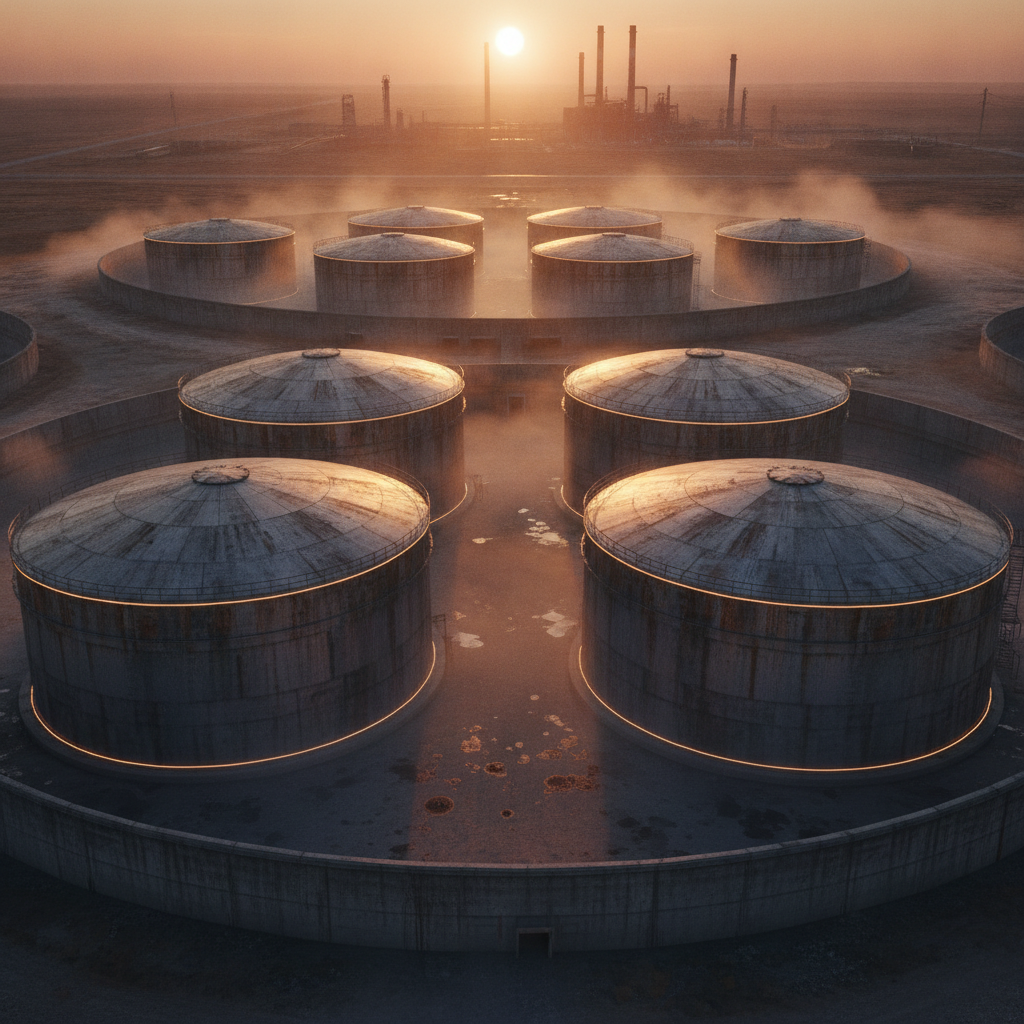 Dramatic scene of large oil tanks in a foggy containment area, cinematic lighting.