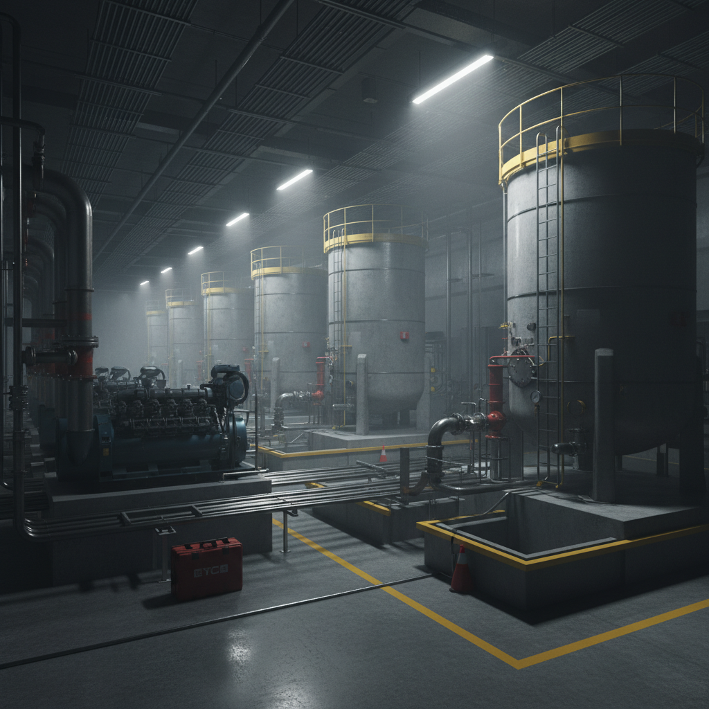 Data center with generators and fuel tanks, cinematic lighting and fog.