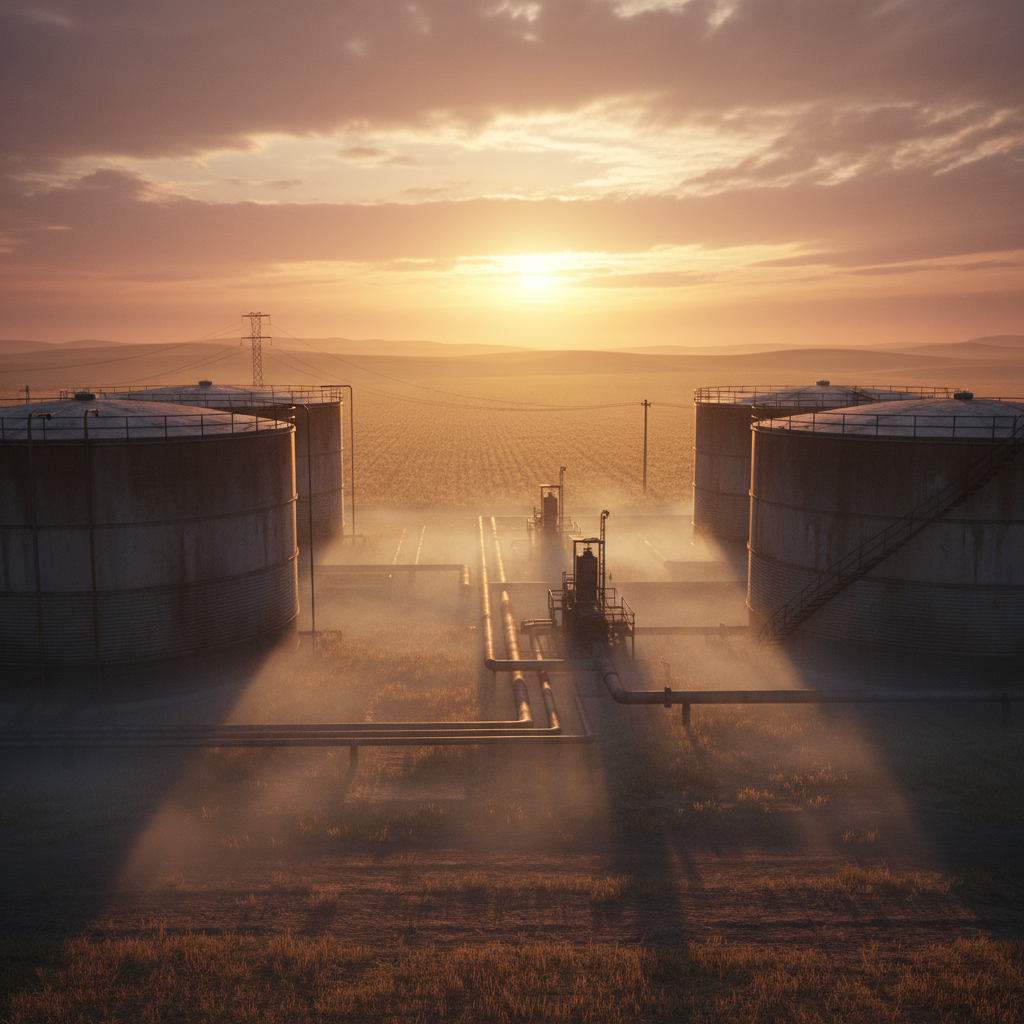 Farm with oil tanks and equipment under dramatic lighting in fog.