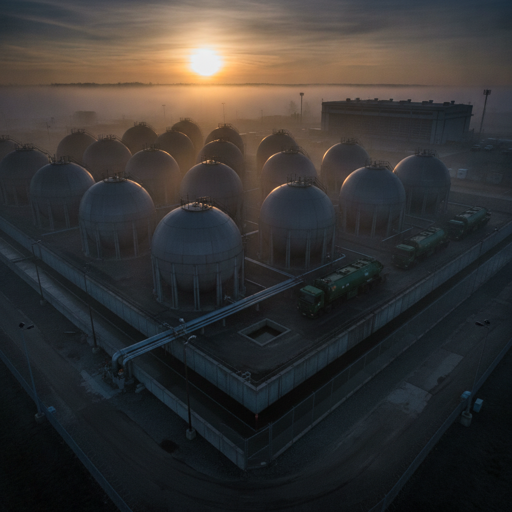 Fleet maintenance yard with petroleum storage tanks under dramatic lighting.