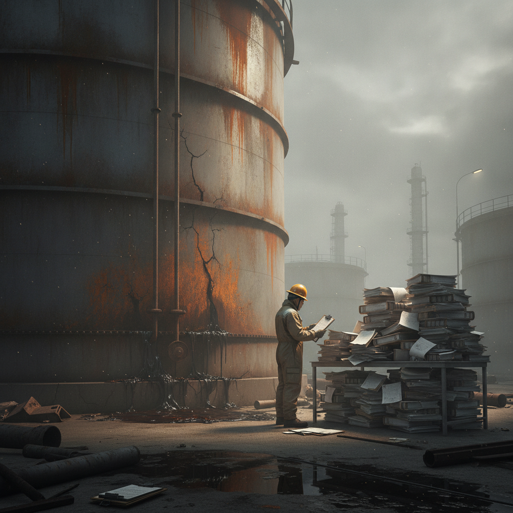 EPA inspector checks oil tank for leaks at an industrial site.