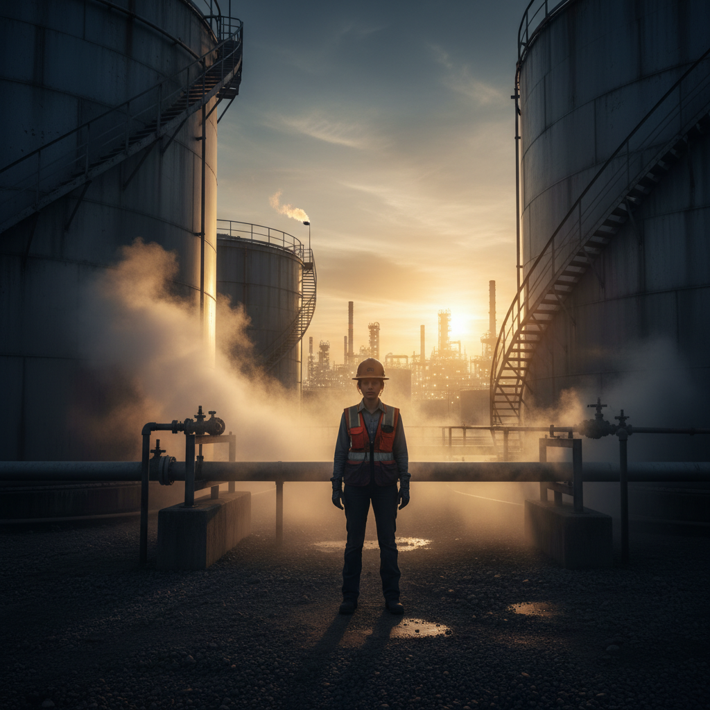 EPA inspector at oil storage site with dramatic lighting and fog.