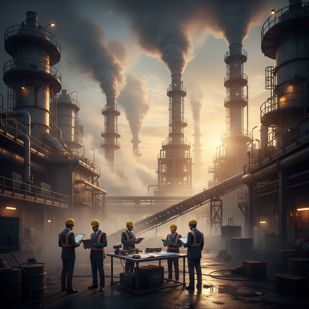 Inspectors examining industrial facility with dramatic lighting and fog.