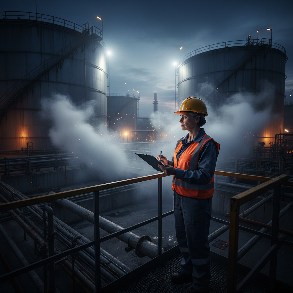 Manager reviewing SPCC compliance documents at industrial oil storage facility