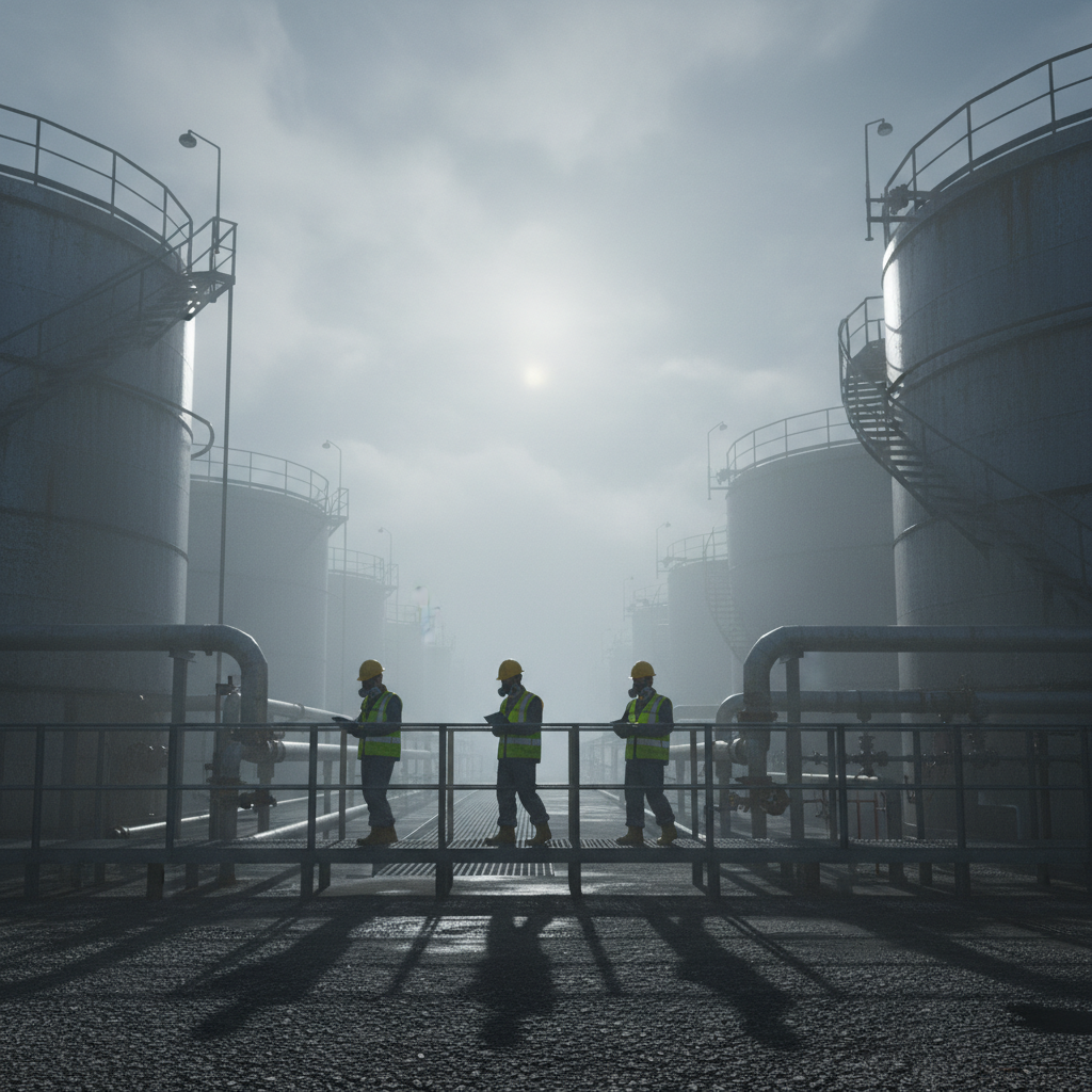 Industrial facility with inspectors and storage tanks under dramatic lighting and fog.