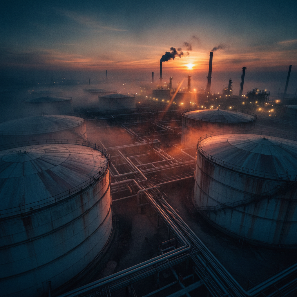 Industrial facility with oil tanks at dusk, dramatic lighting and fog.