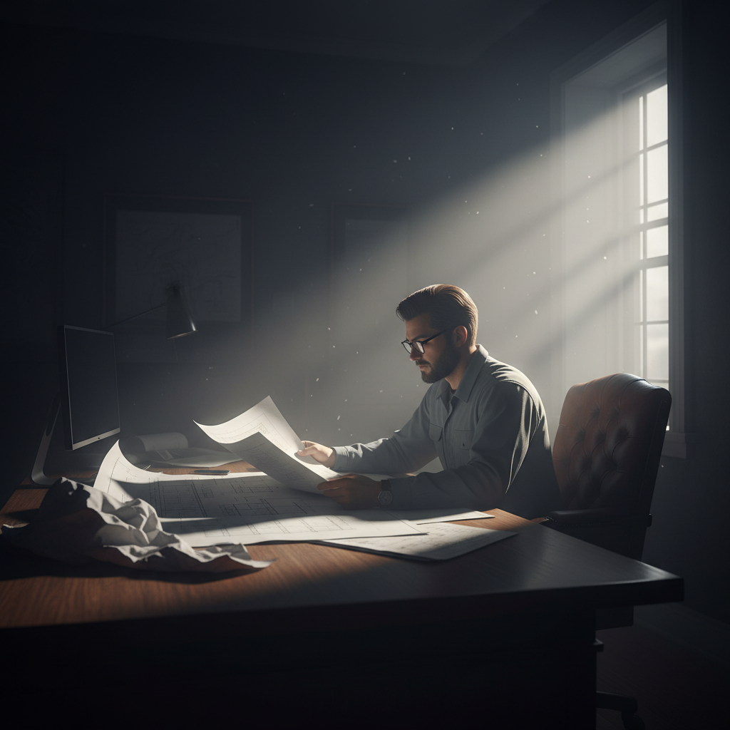 Engineer reviewing SPCC documents in dramatic lighting with fog.