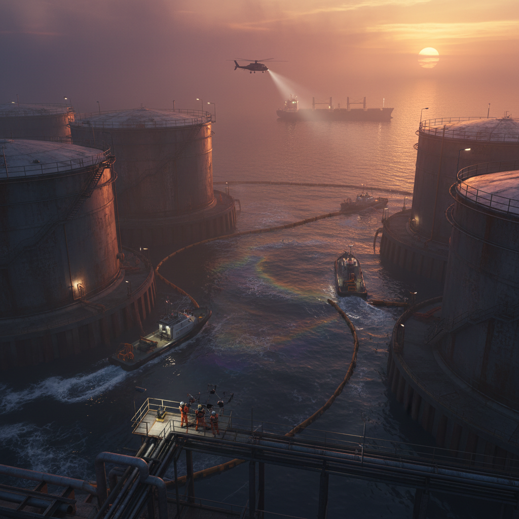 Industrial facility with oil tanks near water, spill response team practicing.