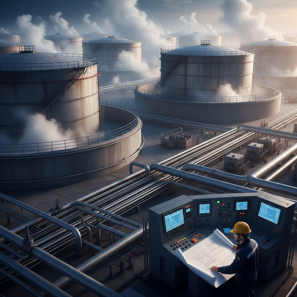 Industrial facility with oil storage tanks and engineer reviewing SPCC compliance blueprints