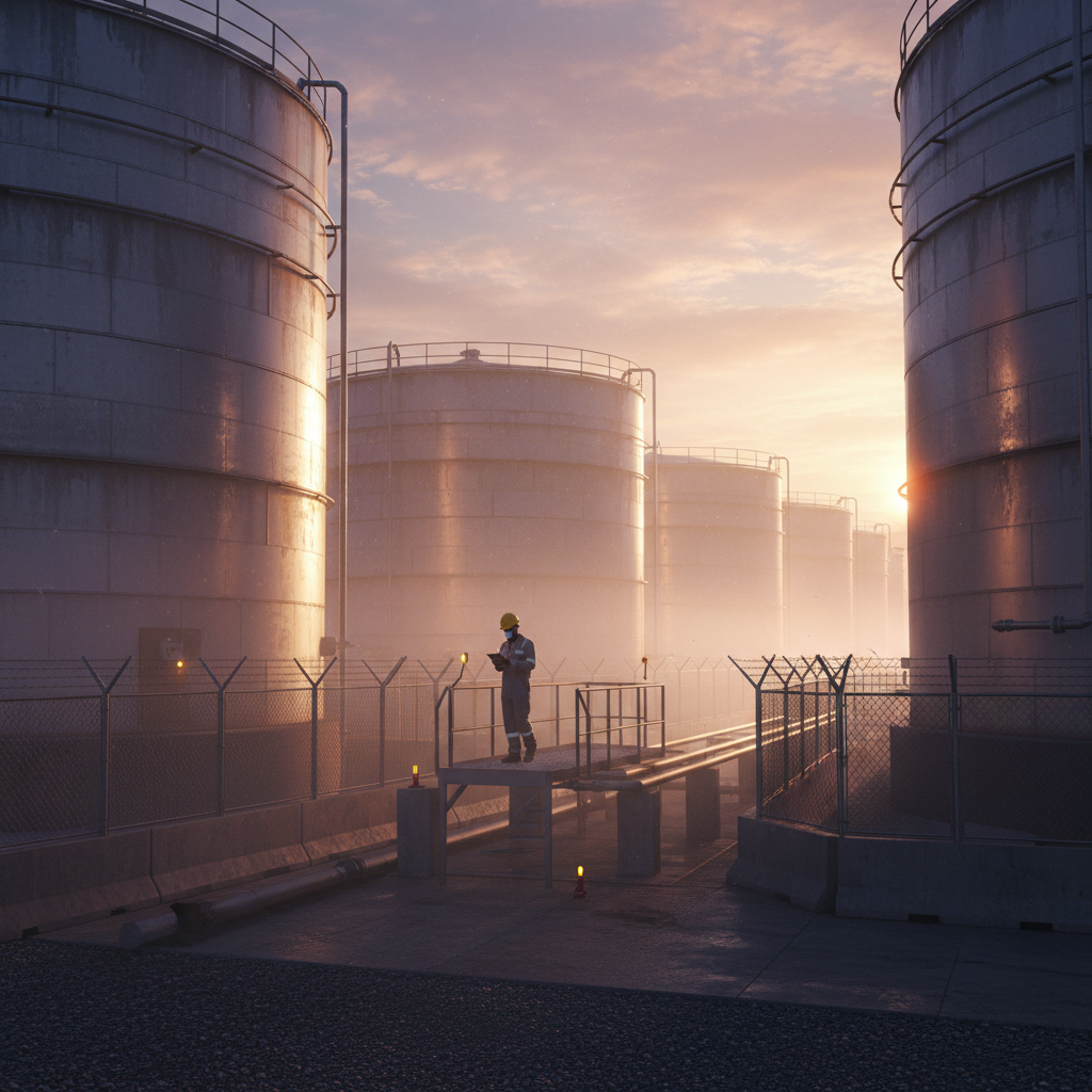 Oil facility with storage tanks and a worker inspecting them.