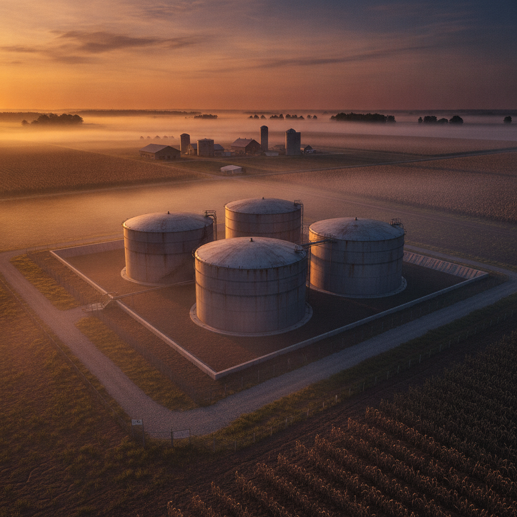 Oil storage tanks on a farm under dramatic lighting and fog.