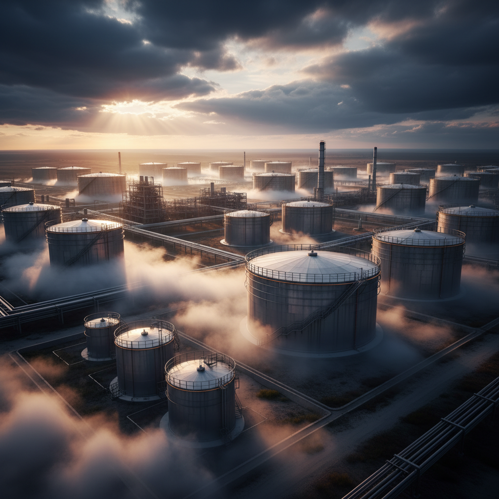 Oil storage facility with dramatic lighting and fog, cinematic view.