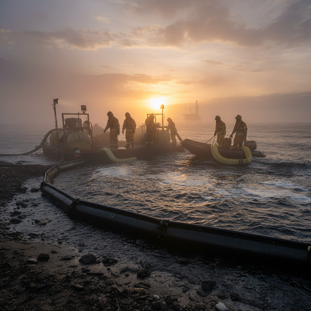 Emergency responders in gear managing oil spill with booms and absorbents.