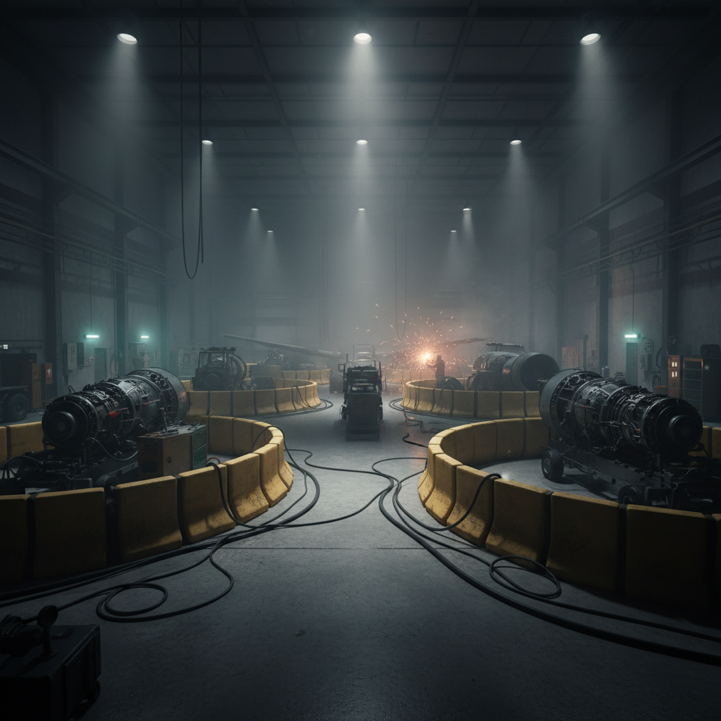 Vehicle maintenance area with foam-wall berms and dramatic lighting.