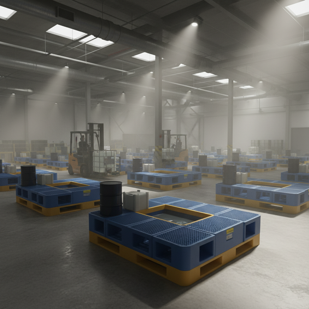 Industrial spill containment pallets in a warehouse, dramatic lighting and fog.