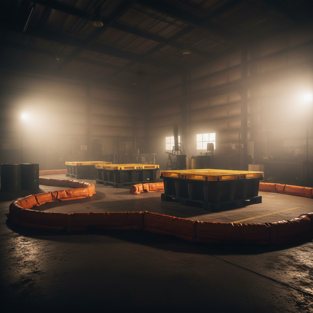 Warehouse with spill containment pallets and containment berms, dramatic lighting.