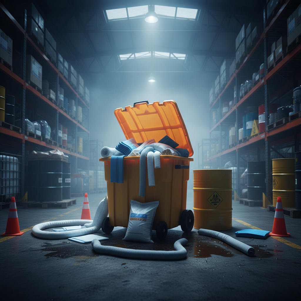 Spill kit with absorbent materials in a dramatic, high-contrast industrial setting.