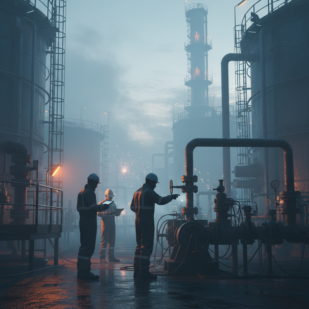 Oil facility with inspectors, dramatic lighting and fog, high detail.