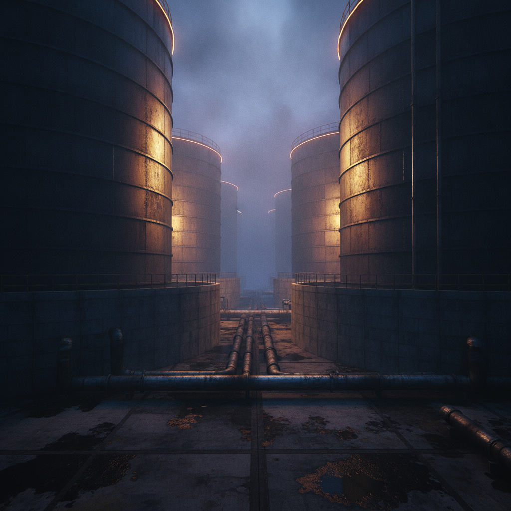 Industrial tanks with secondary containment, dramatic lighting, volumetric fog.