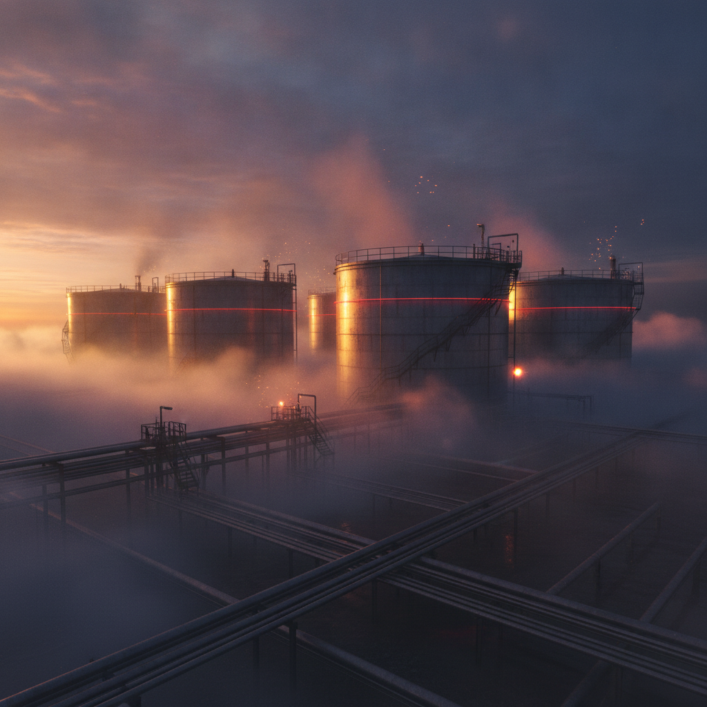 Industrial facility with oil storage tanks in fog, dramatic lighting.