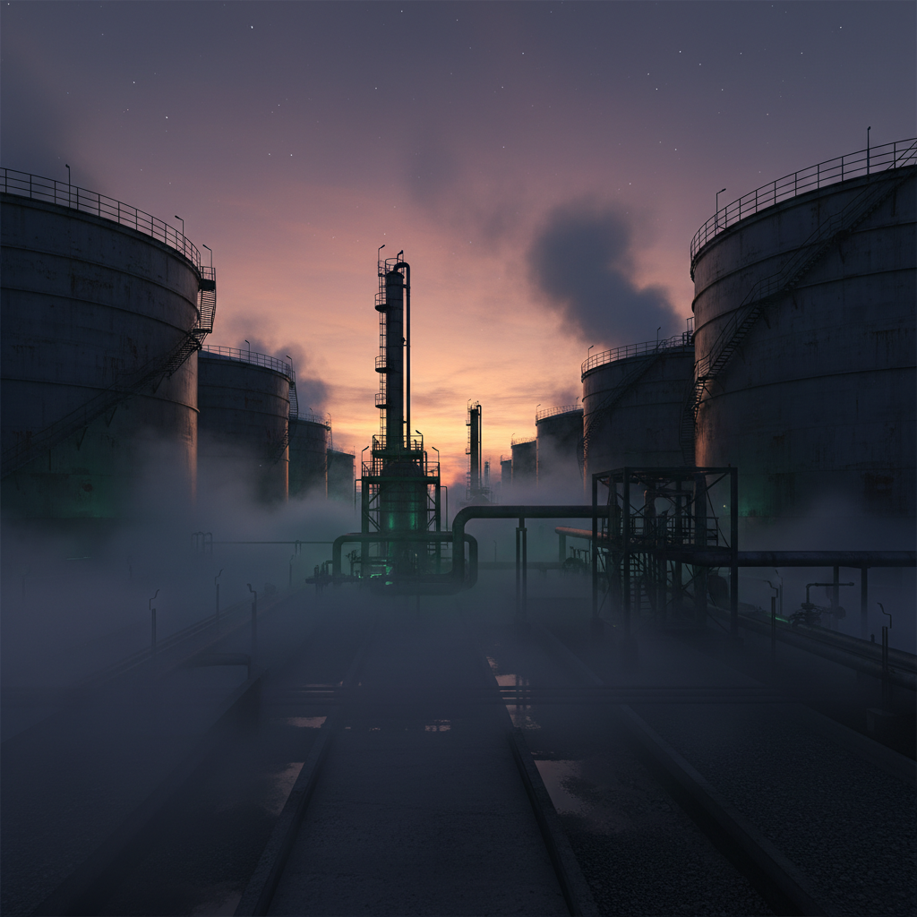 Industrial facility with storage tanks under dramatic lighting and fog in 8k detail.