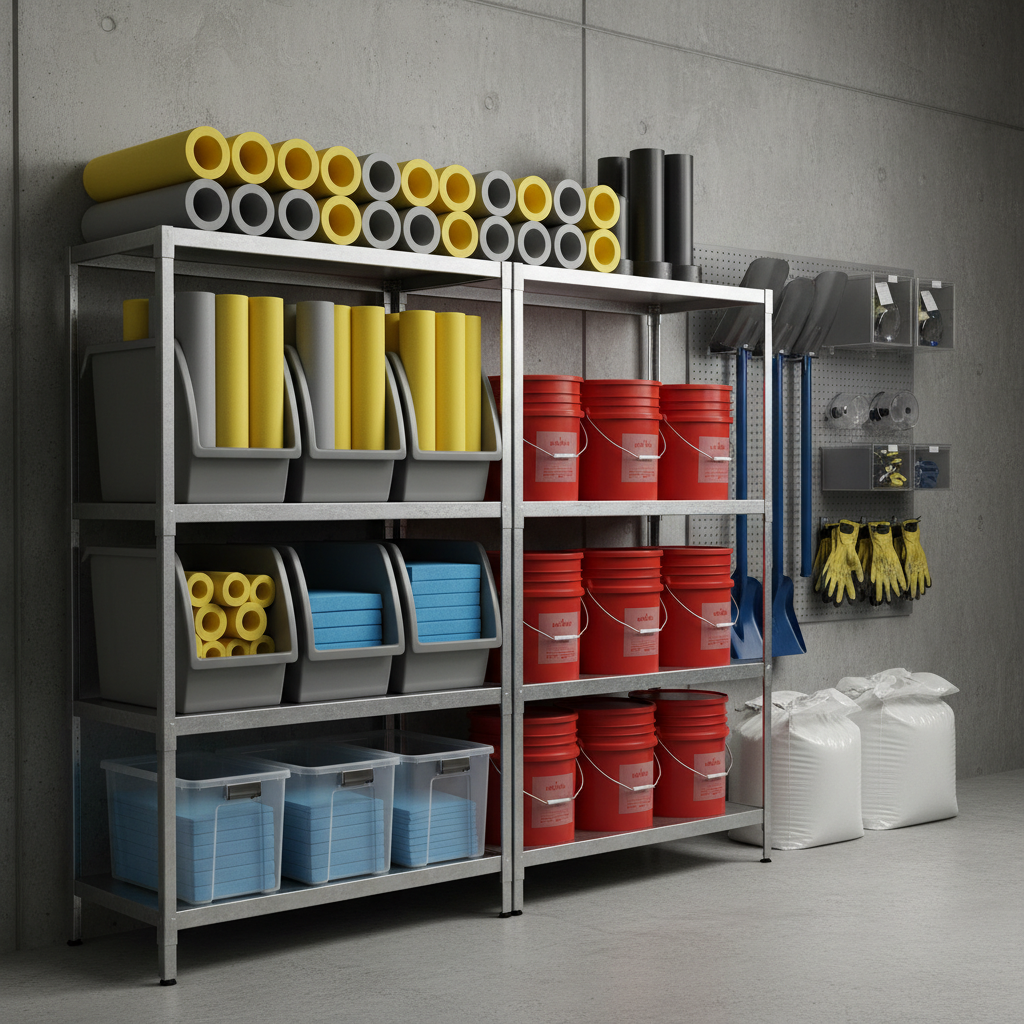 Organized spill response equipment with labels and inventory.