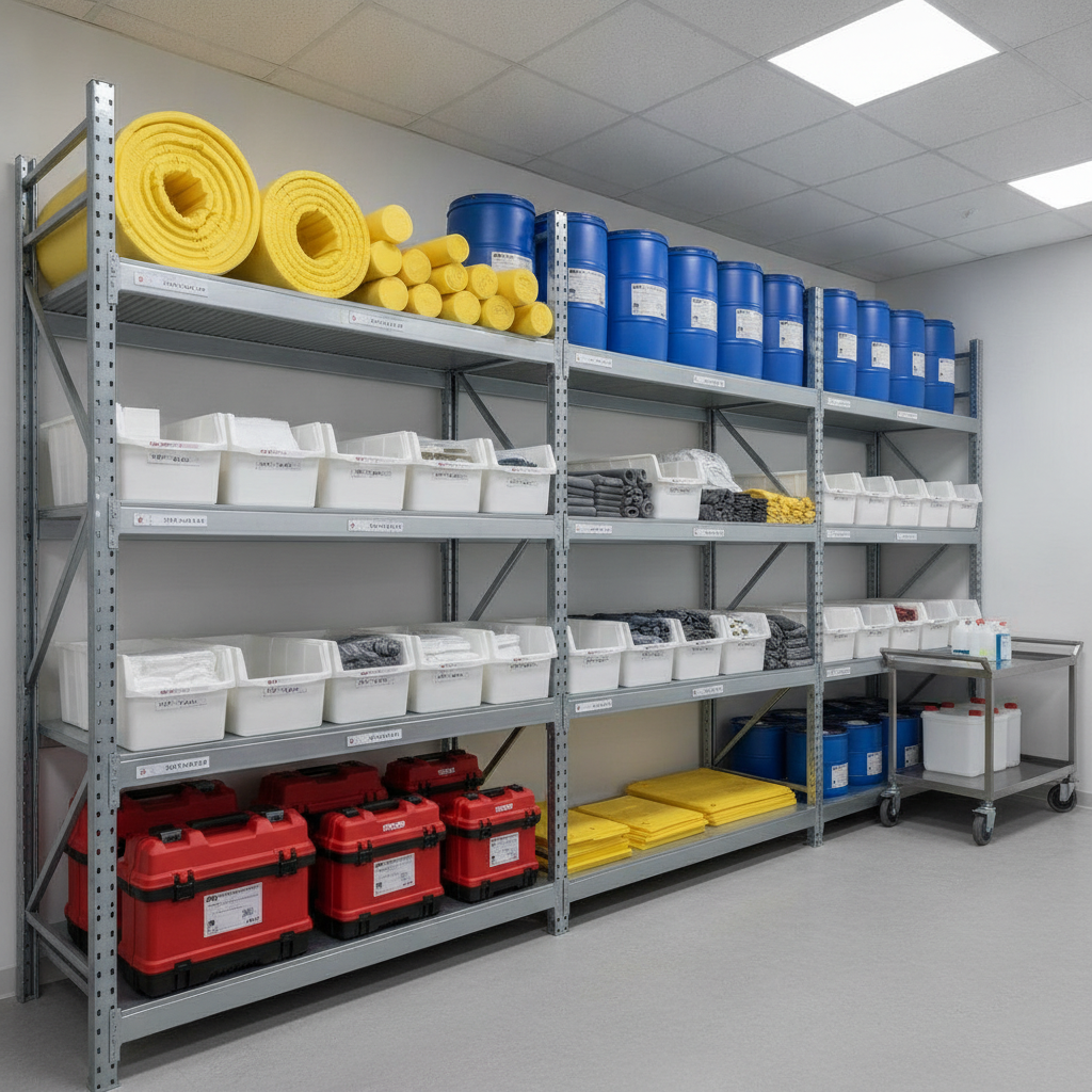 Shelf with labeled spill response equipment and replacement intervals in a storeroom.