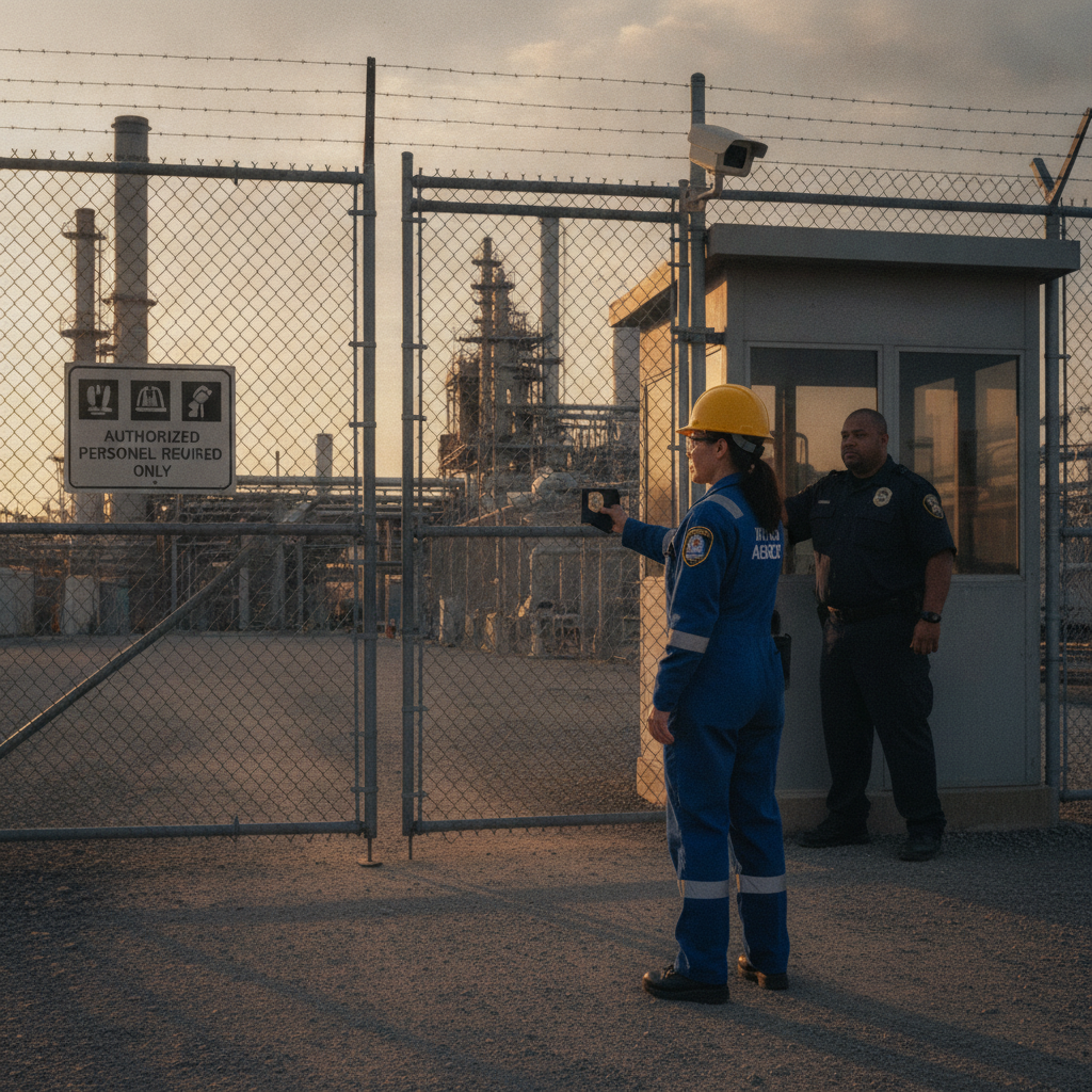 EPA inspector showing ID at secured industrial facility gate.