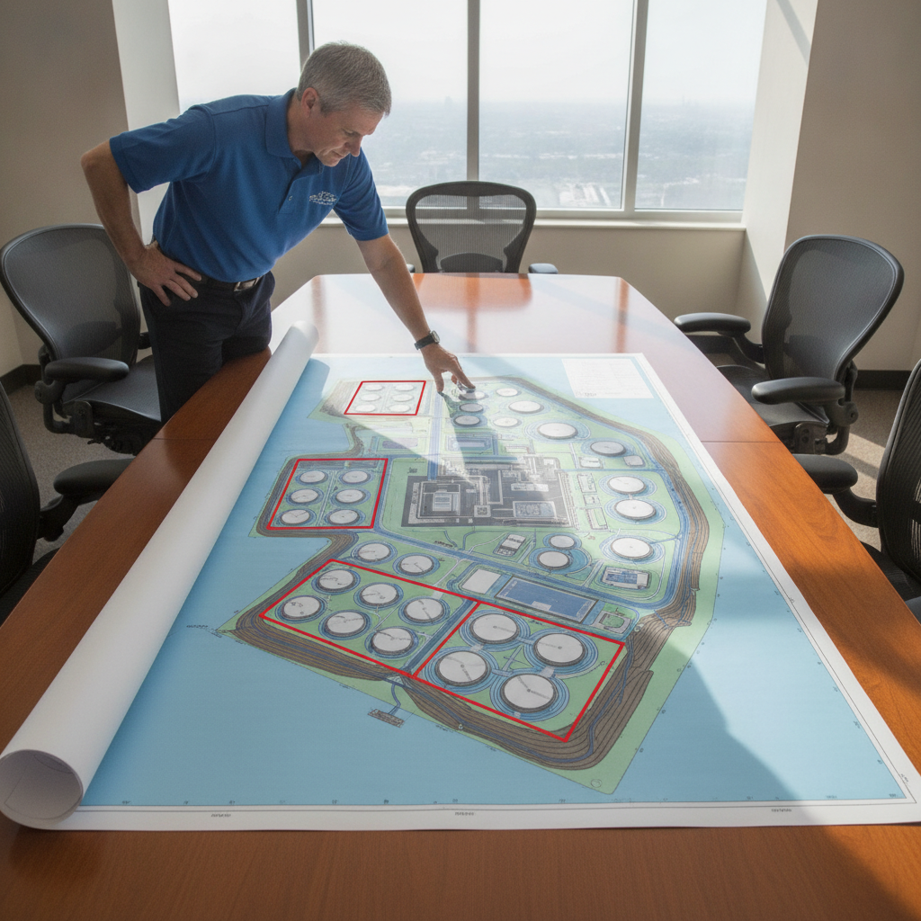Emergency coordinator reviewing facility map showing oil storage and containment systems
