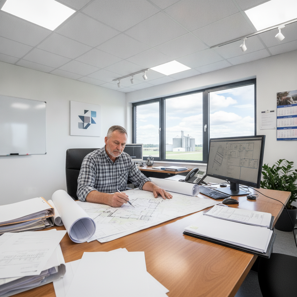 Farmer reviewing SPCC certification documents in an office.