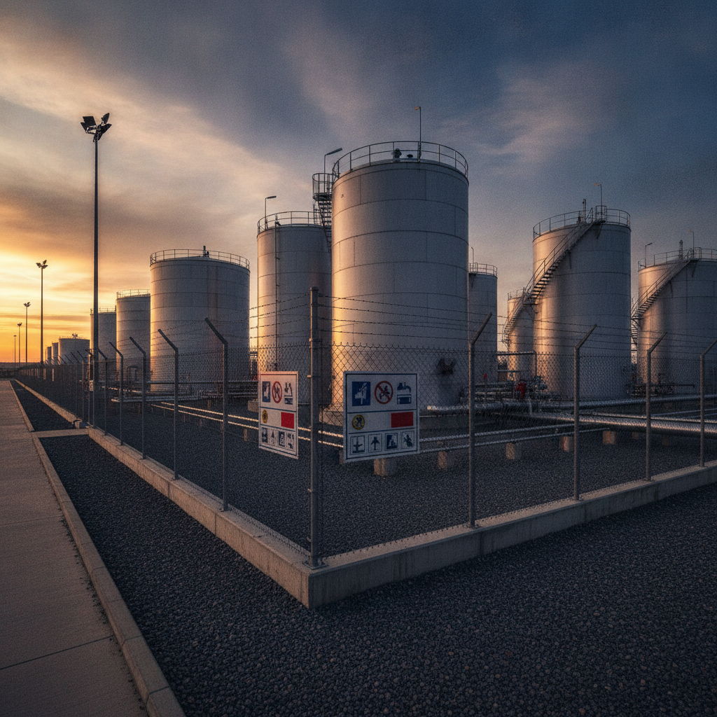Industrial facility with oil storage tanks and regulatory signs.