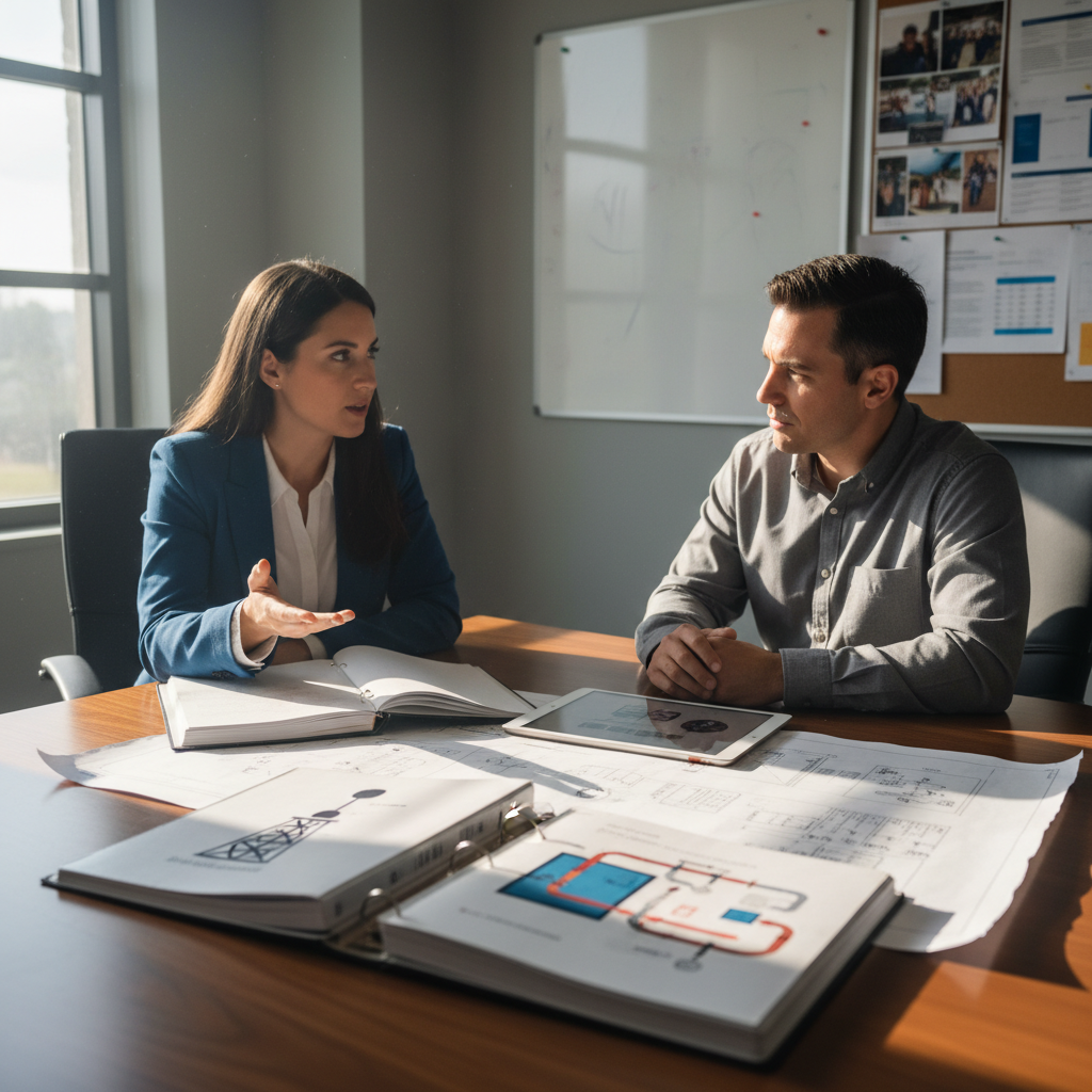 Engineer and manager discussing SPCC experience with project references.