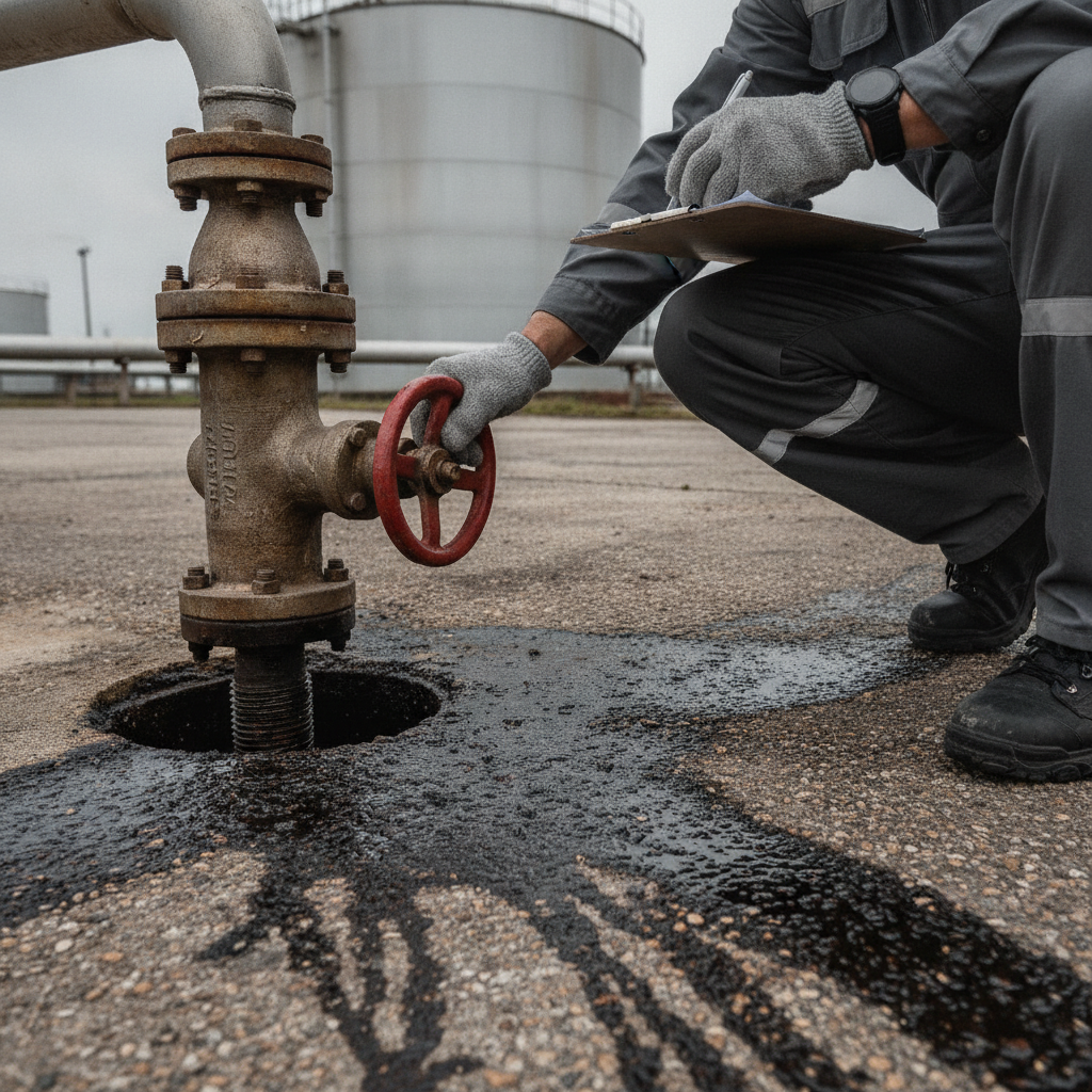 Person closing drain valve, documenting action, inspecting area.