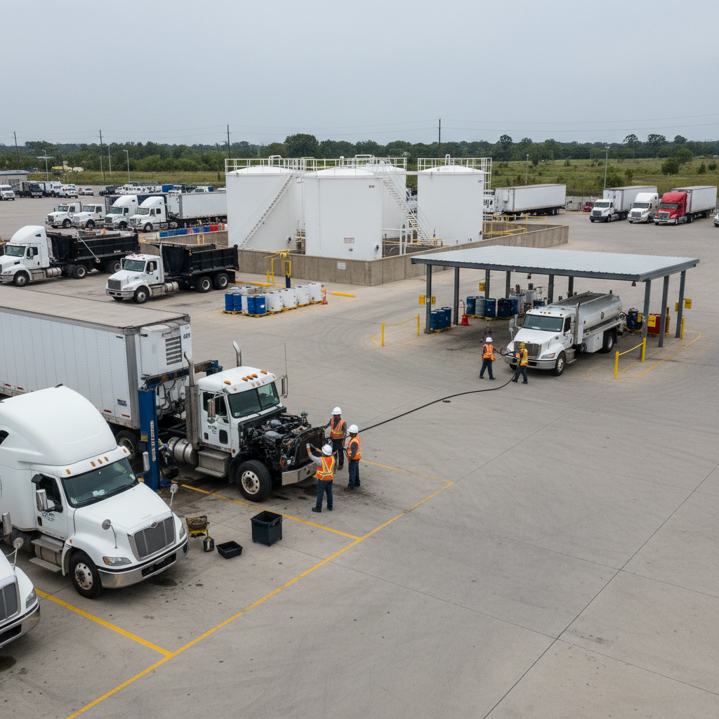 Fleet maintenance facility with fuel tanks and trucks.