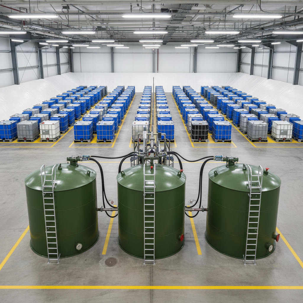 Fleet storage with bulk diesel tanks and portable units.