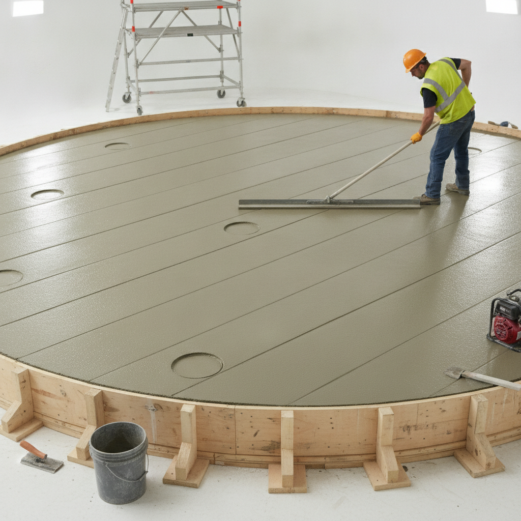 Worker pouring concrete into mold for AST foundation pad.
