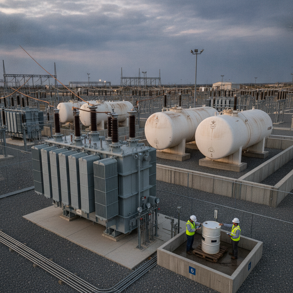 Industrial facility with transformers and oil storage.