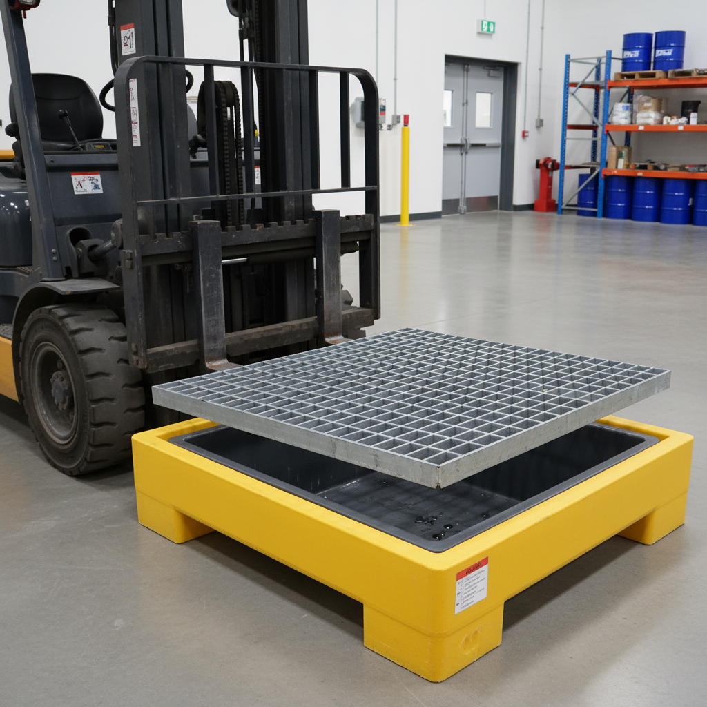 Removable steel grating on containment pallet, forklift load support visible.