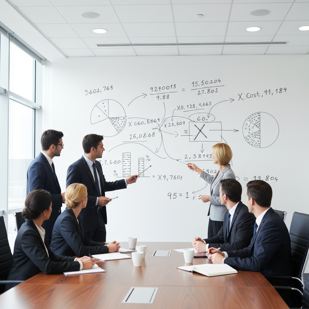 Executives discussing SPCC training group licensing options with calculations on a whiteboard.