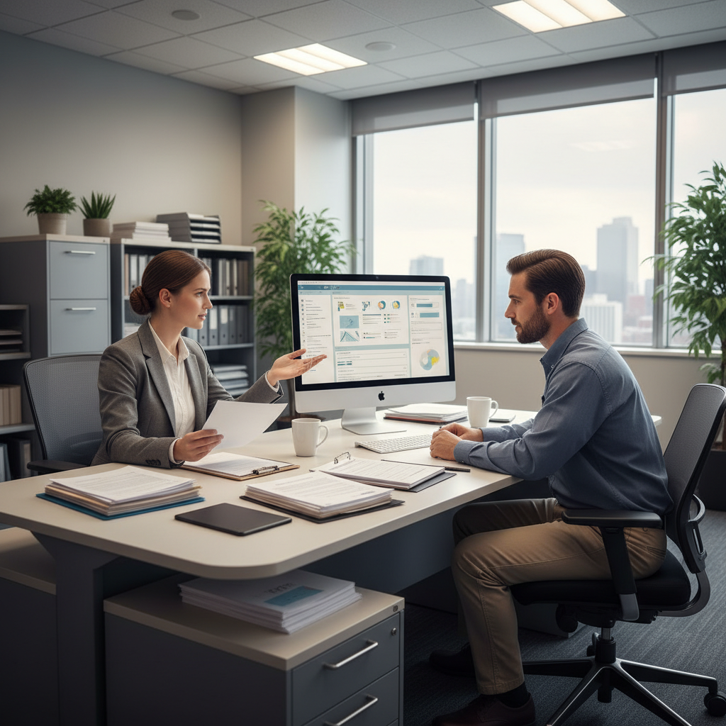 CUPA representative assists manager with registration forms in office.
