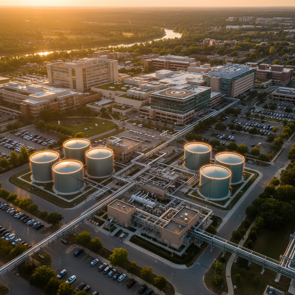 Aerial view of healthcare campus with storage tanks, golden hour lighting.
