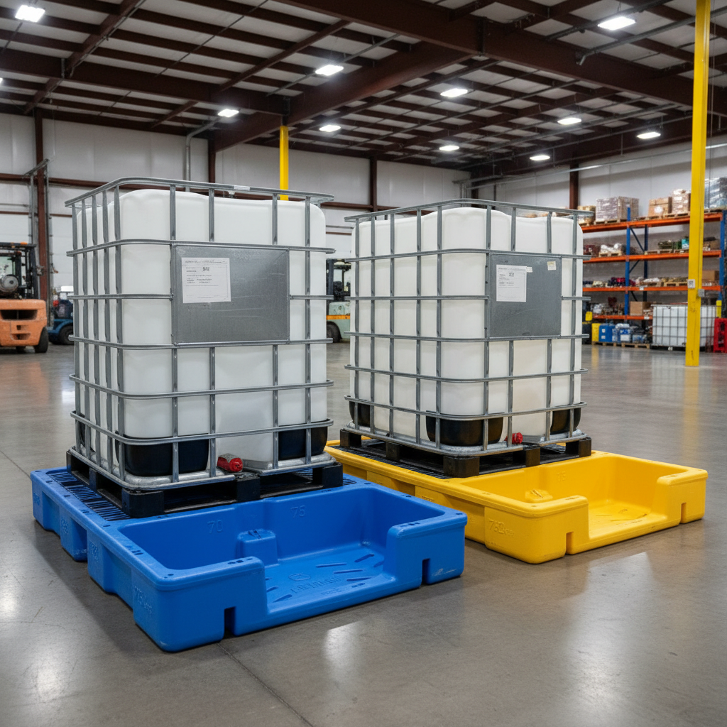 275 and 330-gallon IBC totes on containment pallets in a warehouse.