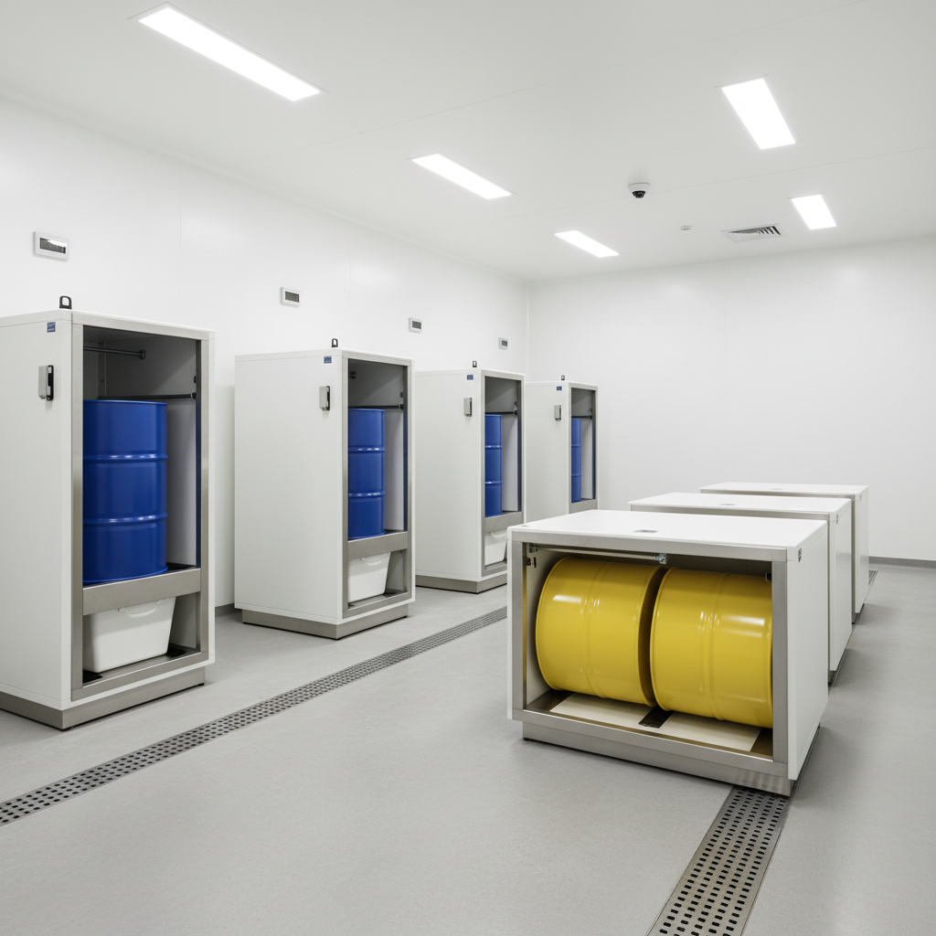 Indoor drum cabinets with vertical and horizontal configurations.