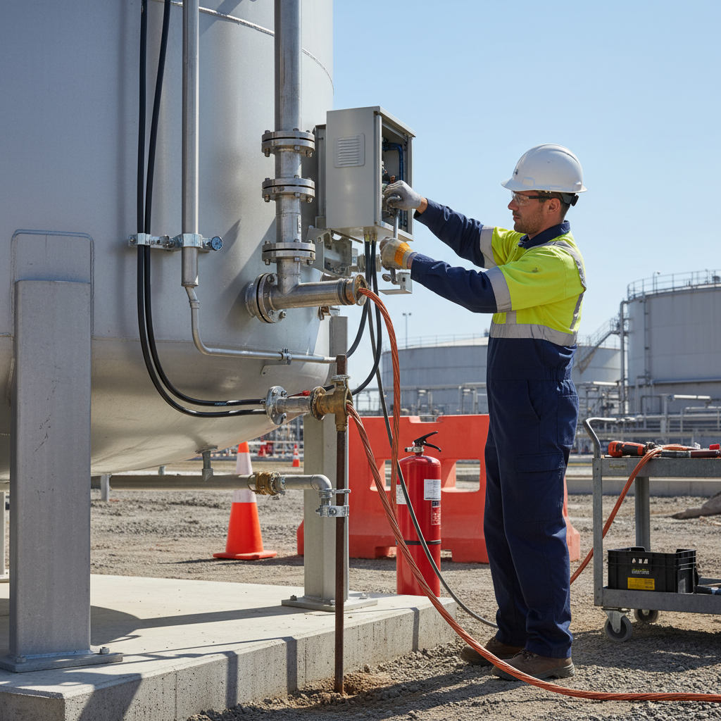 Technician installing piping and electrical grounding on AST system.