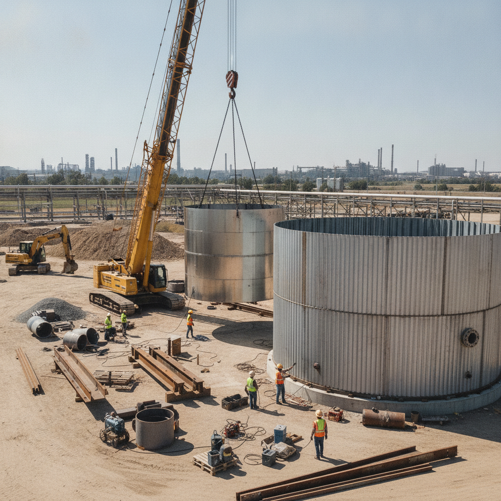 Workers installing double-walled storage tank with construction equipment.