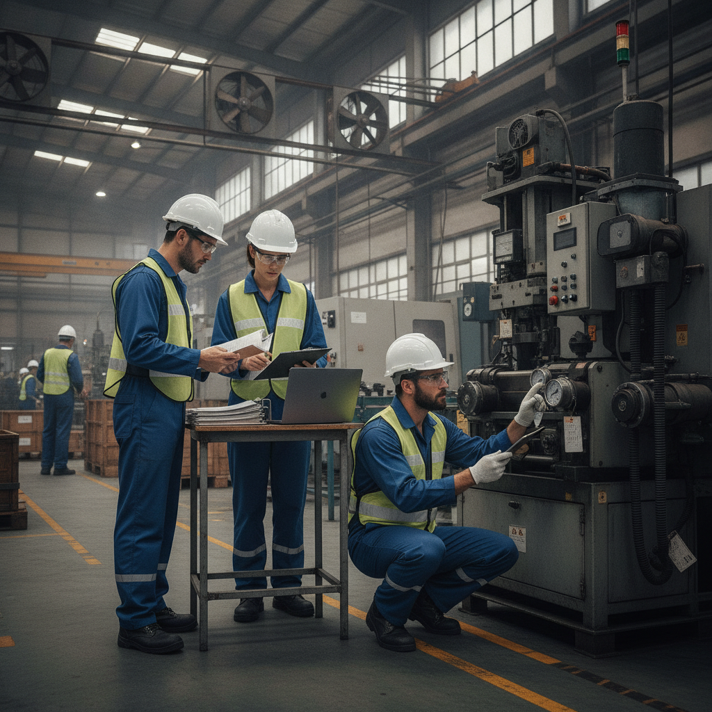 Auditors in protective gear inspect facility and review inspection records.