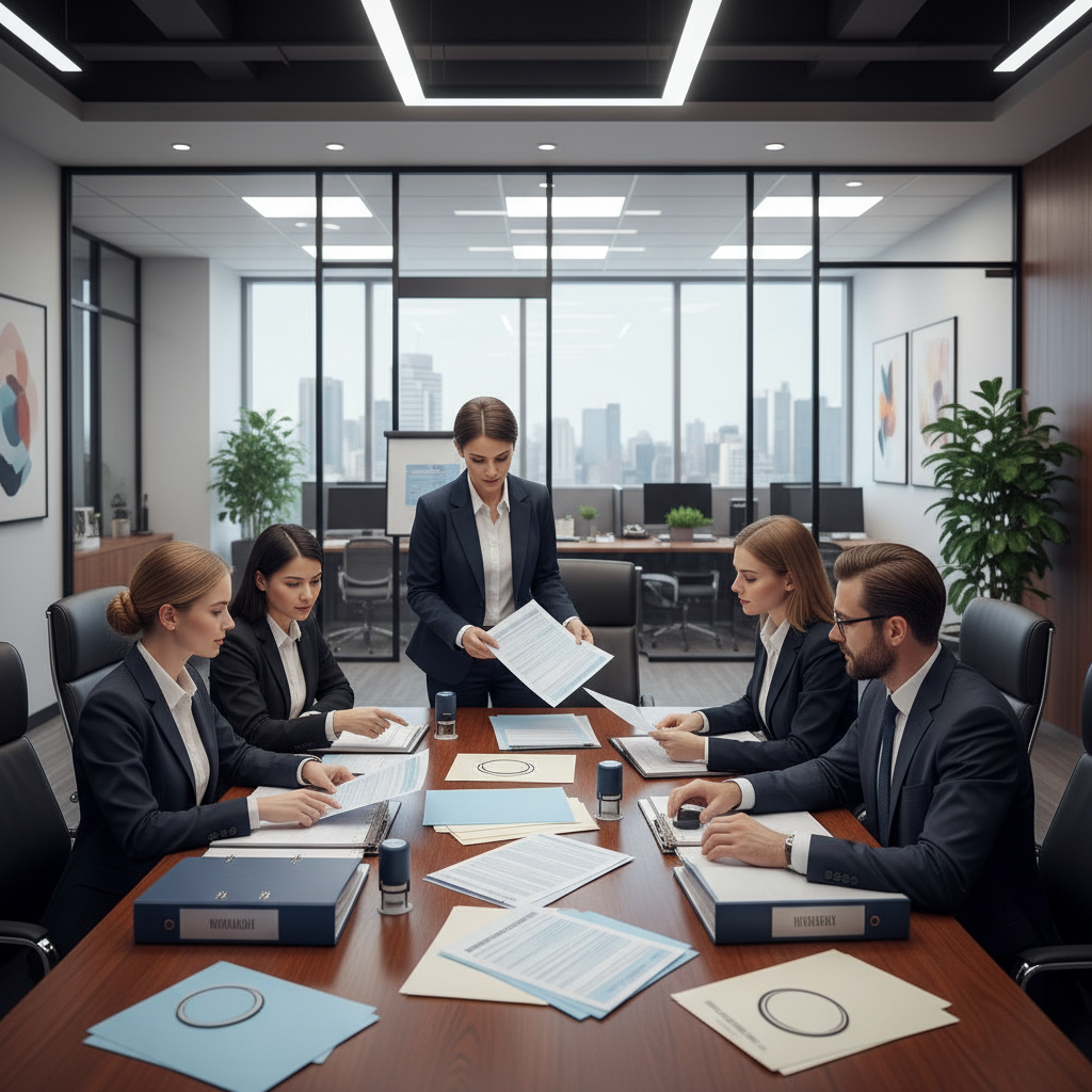 Insurance professionals with SPCC compliance documents on a table.